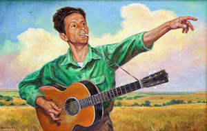 Painting of Woody Guthrie holding a guitar and pointing toward the distance.