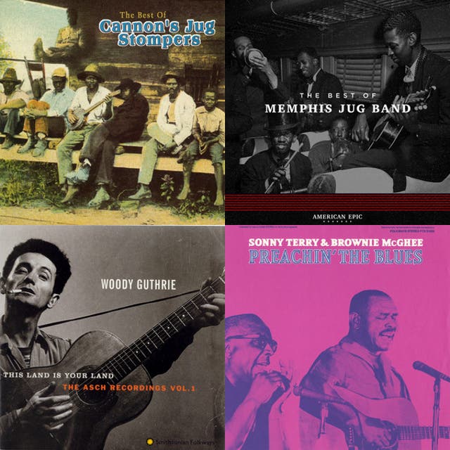 Collage of four album covers featuring jug band, folk, and acoustic blues releases.