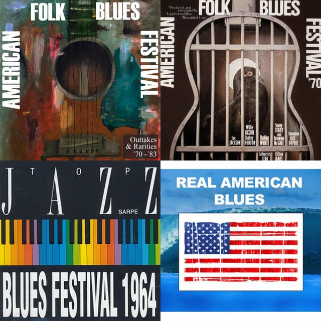 Collage of album covers and festival imagery tied to the American Folk Blues Festival.