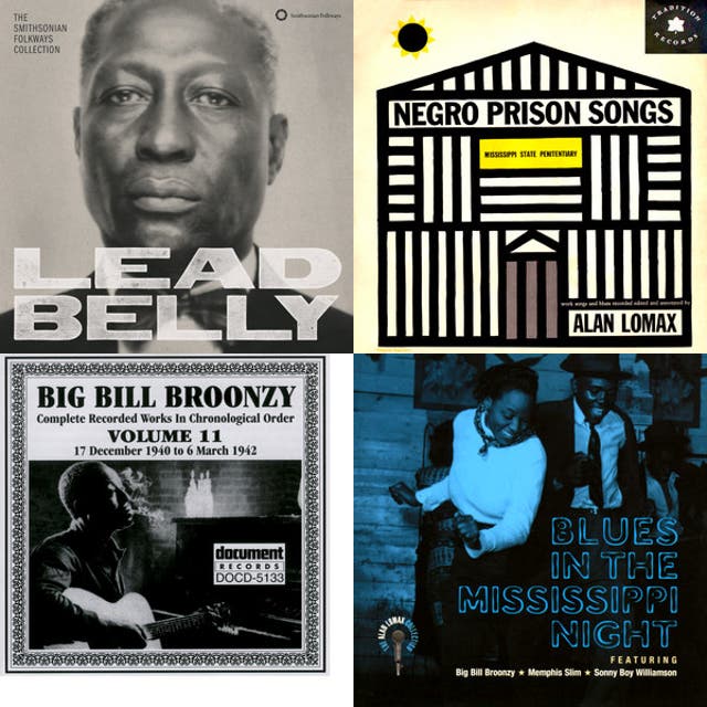 Collage of archival album covers related to Lead Belly, prison songs, and early blues preservation.
