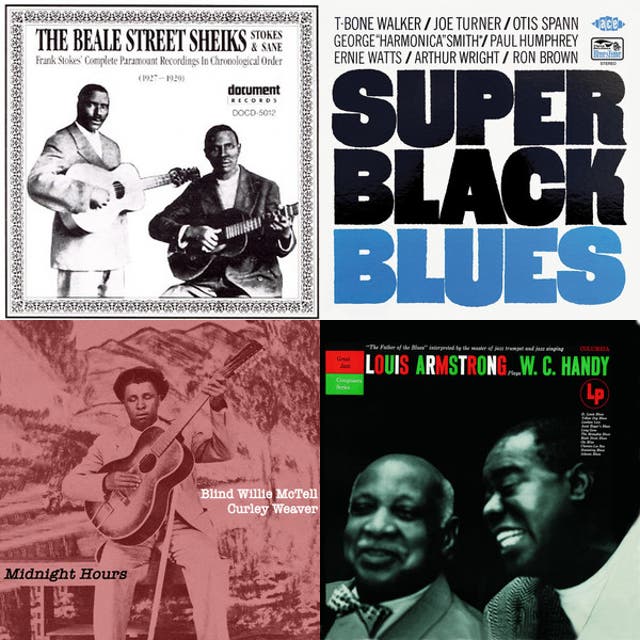 Collage of album covers linking Bluebird blues, jazz, and Deep South recordings.