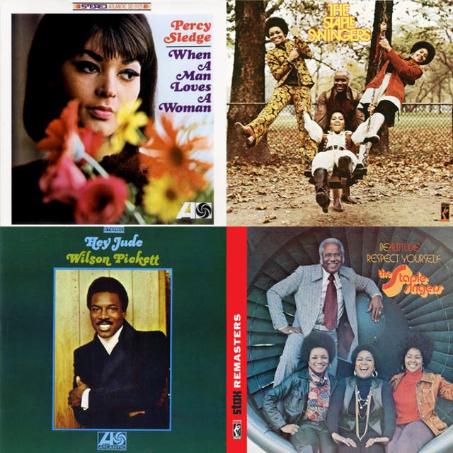 Collage of album and poster imagery linking blues artists to late-1960s rock and festival culture.