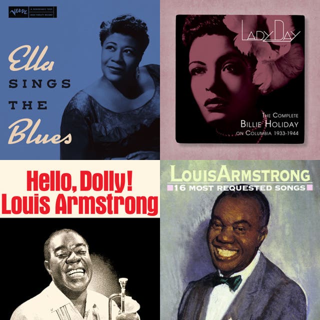 Collage of album covers featuring Ella Fitzgerald, Billie Holiday, and Louis Armstrong.