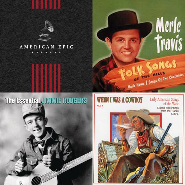 Collage of album covers featuring Merle Travis, Jimmie Rodgers, and early country-blues crossover material.