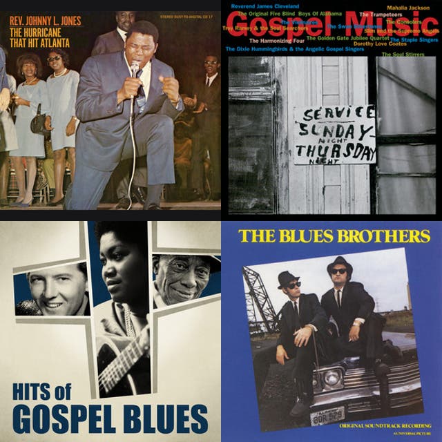 Collage of album covers featuring gospel performers and The Blues Brothers.