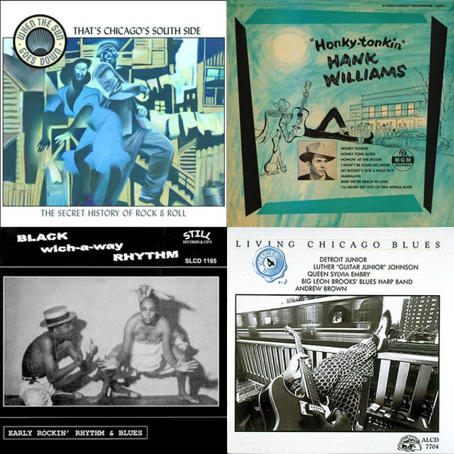 Collage of album covers linking Hank Williams, Chicago blues, and early rhythm and blues compilations.