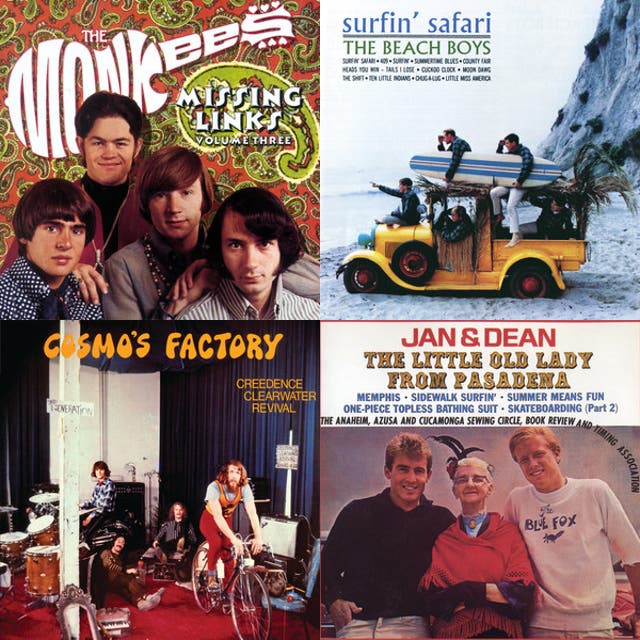 Collage of album covers featuring the Monkees, the Beach Boys, Creedence Clearwater Revival, and Jan and Dean.
