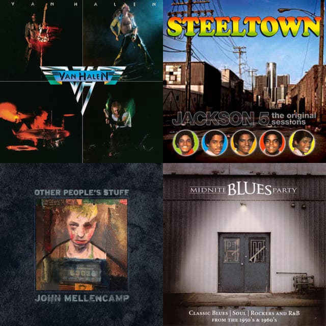Collage of album covers featuring Van Halen, the Jackson 5, John Mellencamp, and related rock and pop releases.