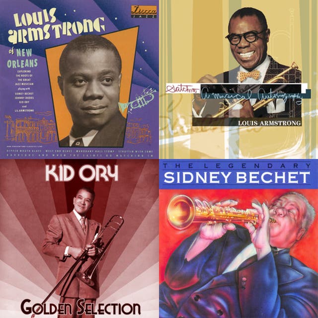 Collage of album covers featuring Louis Armstrong, Kid Ory, and Sidney Bechet.