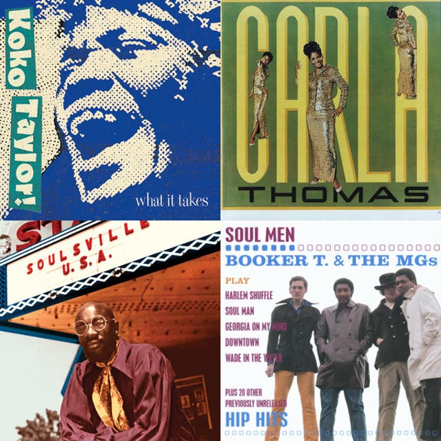 Isaac Hayes seated beneath the Soulsville U.S.A. marquee in Memphis.