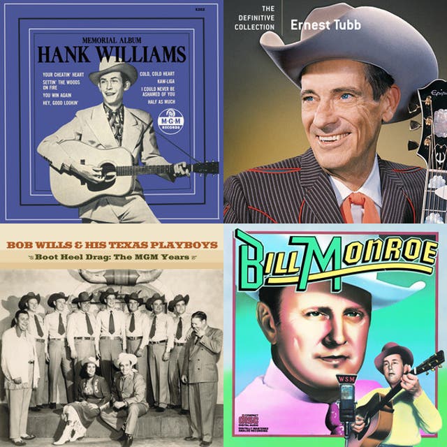 Album-cover imagery tied to western swing and honky-tonk artists including Bob Wills and Hank Williams.